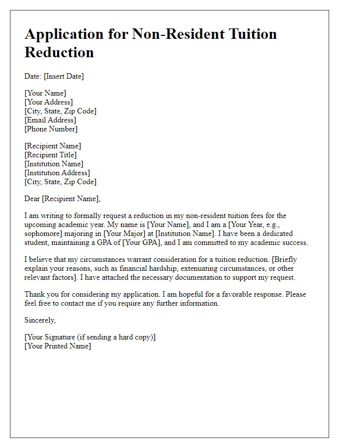 Letter template of application for non-resident tuition reduction