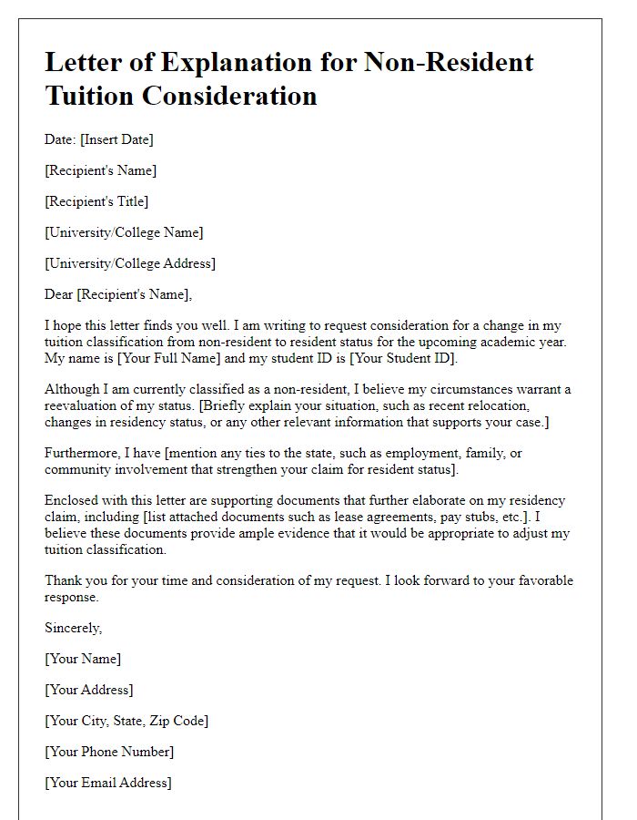 Letter template of explanation for non-resident tuition consideration