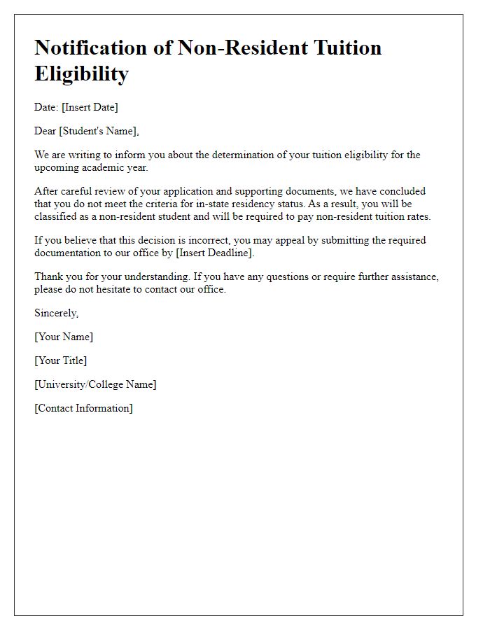 Letter template of notification for non-resident tuition eligibility