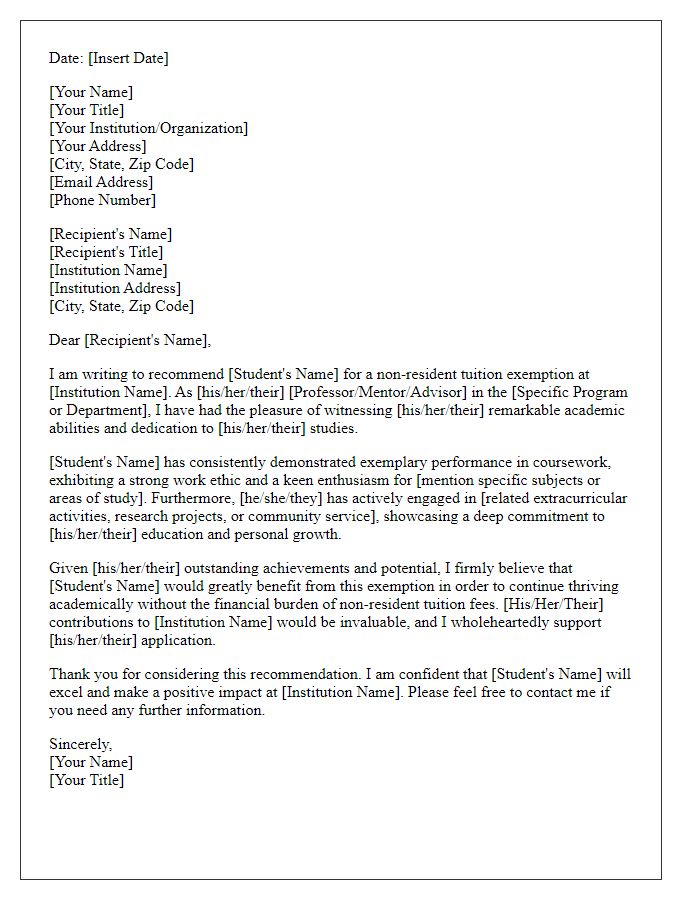 Letter template of recommendation for non-resident tuition exemption