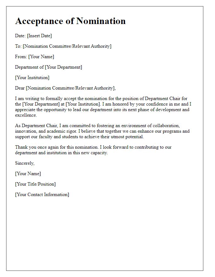 Letter template of acceptance for department chair nomination