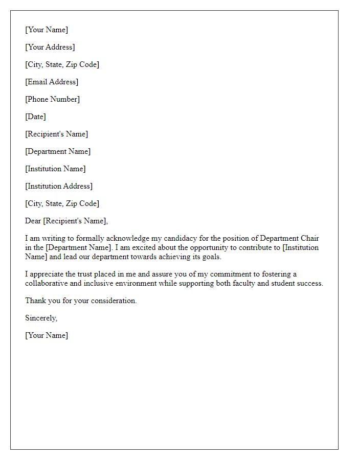 Letter template of acknowledgment for department chair candidacy