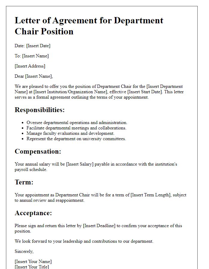 Letter template of agreement for department chair position