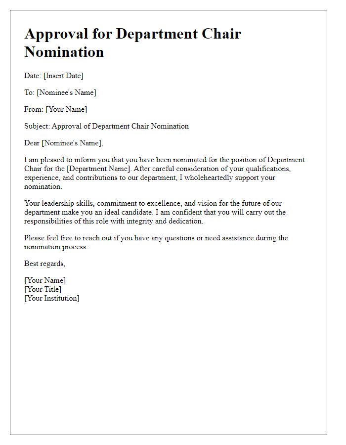 Letter template of approval for department chair nomination