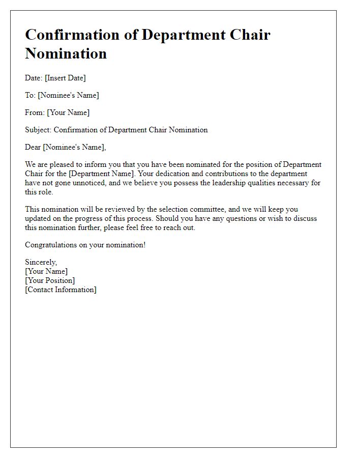 Letter template of confirmation for department chair nomination