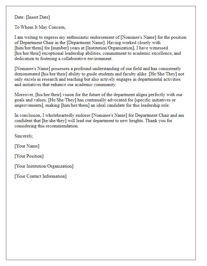 Letter template of endorsement for department chair nomination