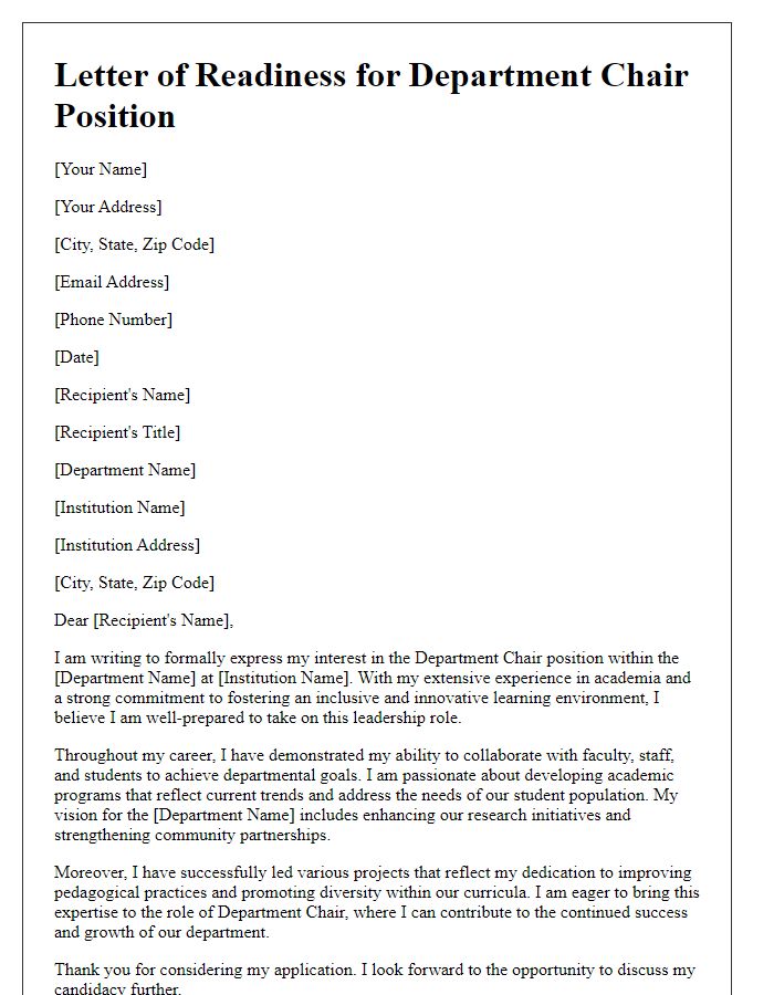 Letter template of readiness for department chair position