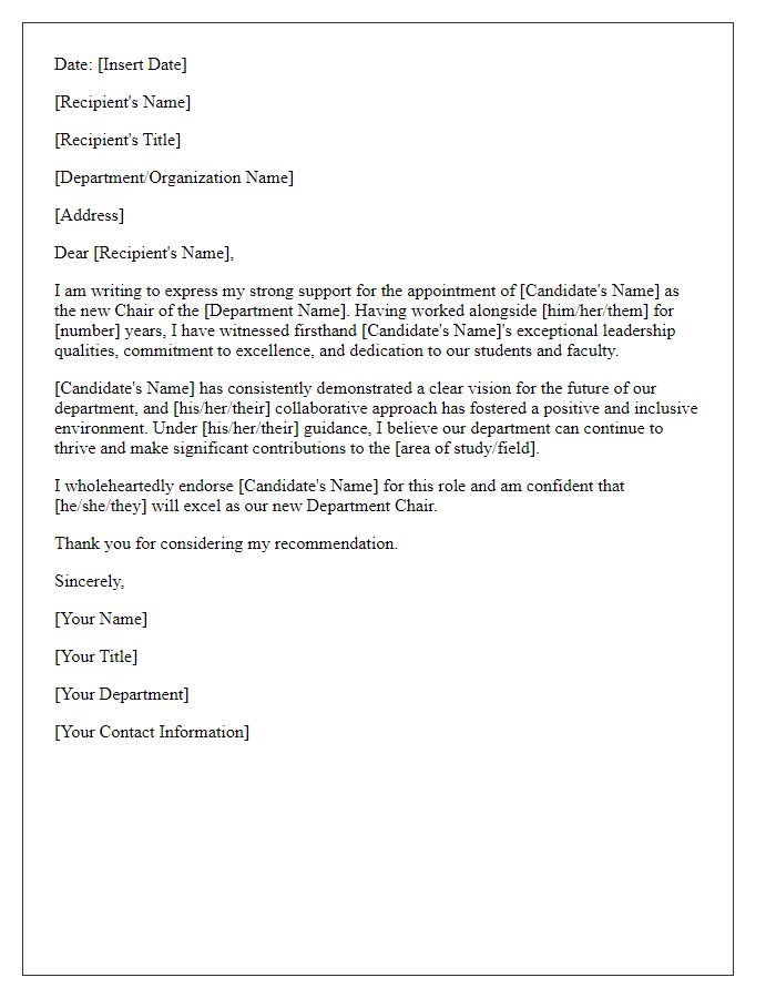 Letter template of support for department chair appointment