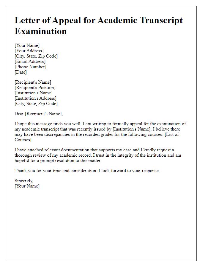 Letter template of appeal for academic transcript examination