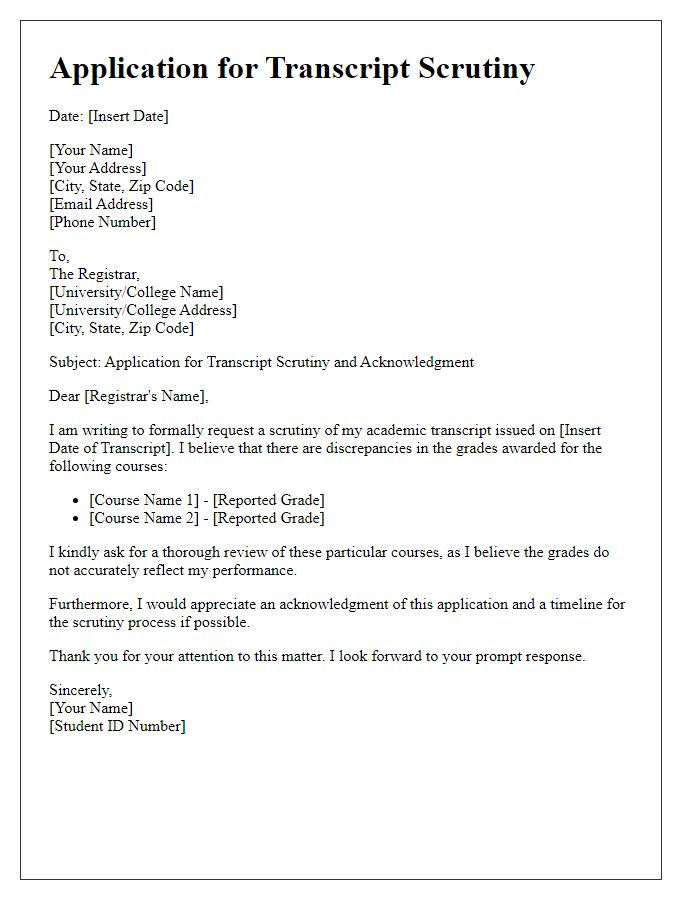 Letter template of application for transcript scrutiny and acknowledgment