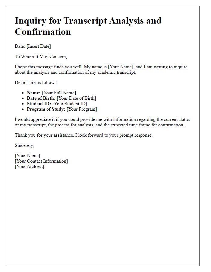 Letter template of inquiry for transcript analysis and confirmation