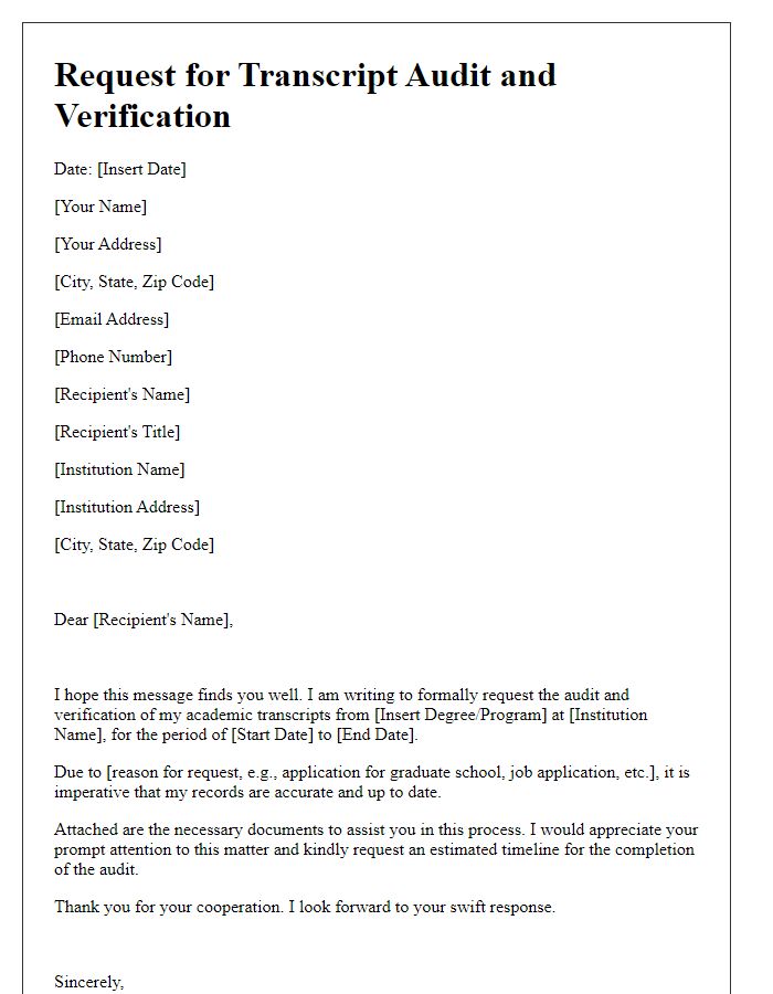 Letter template of pursuit for transcript audit and verification