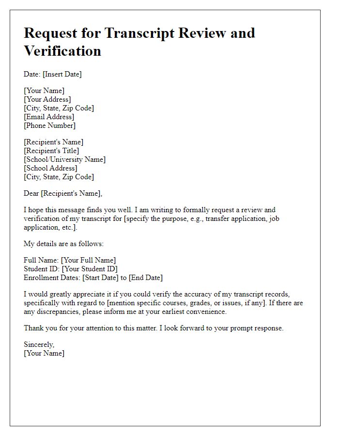 Letter template of request for transcript review and verification