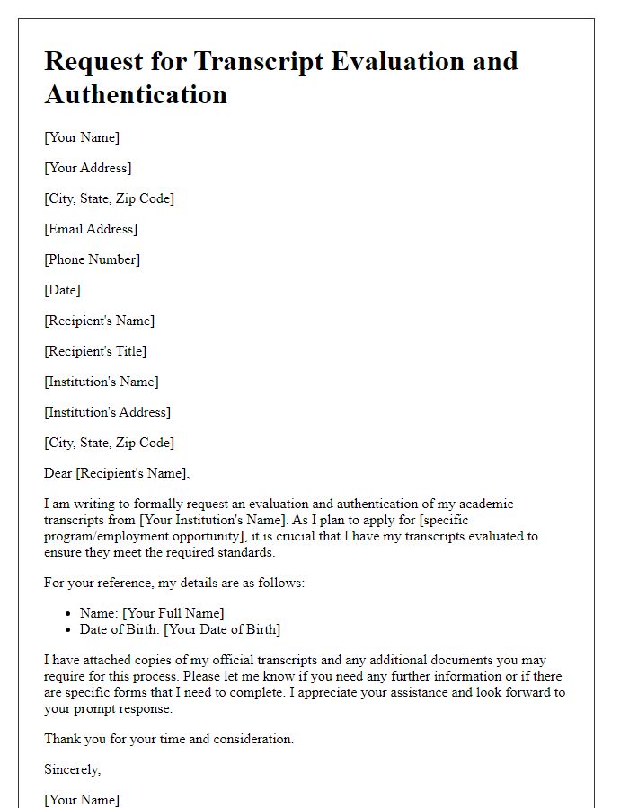 Letter template of solicitation for transcript evaluation and authentication