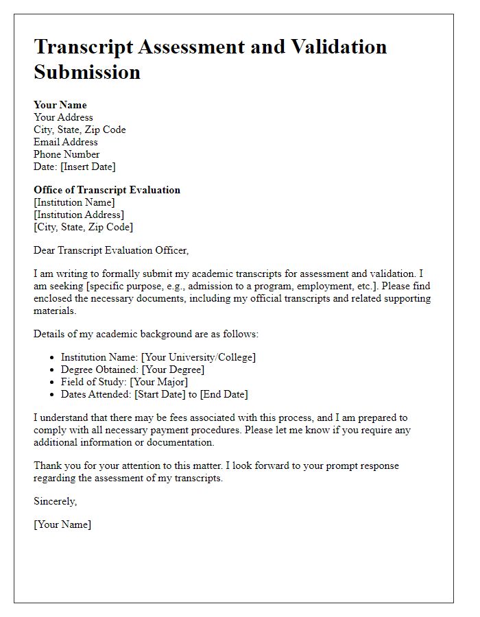 Letter template of submission for transcript assessment and validation