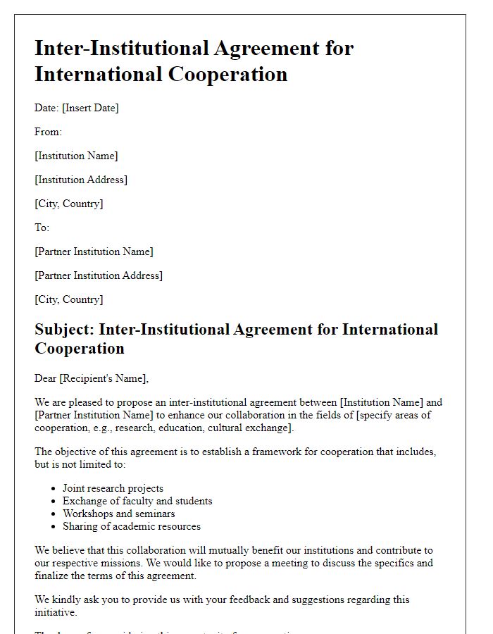 Letter template of inter-institutional agreement for international cooperation