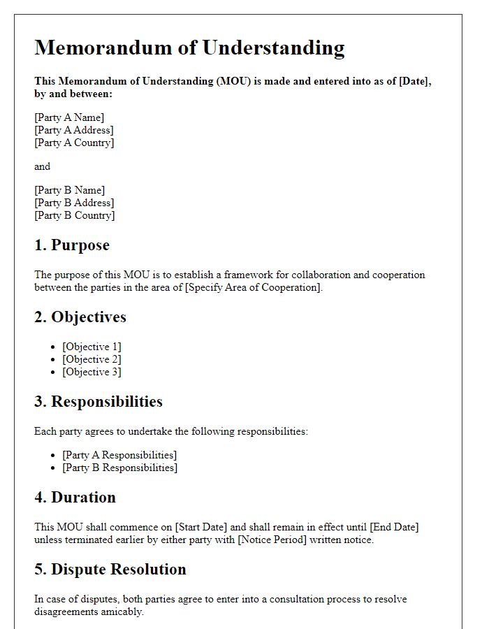 Letter template of memorandum of understanding for global cooperation