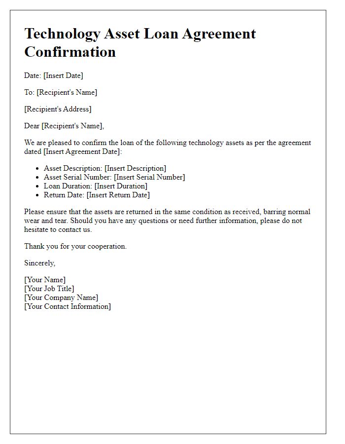 Letter template of technology asset loan agreement confirmation.