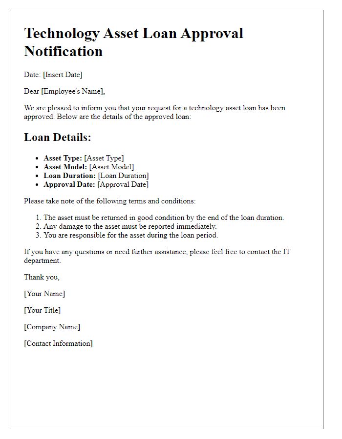 Letter template of technology asset loan approval notification.