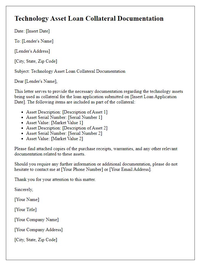 Letter template of technology asset loan collateral documentation.