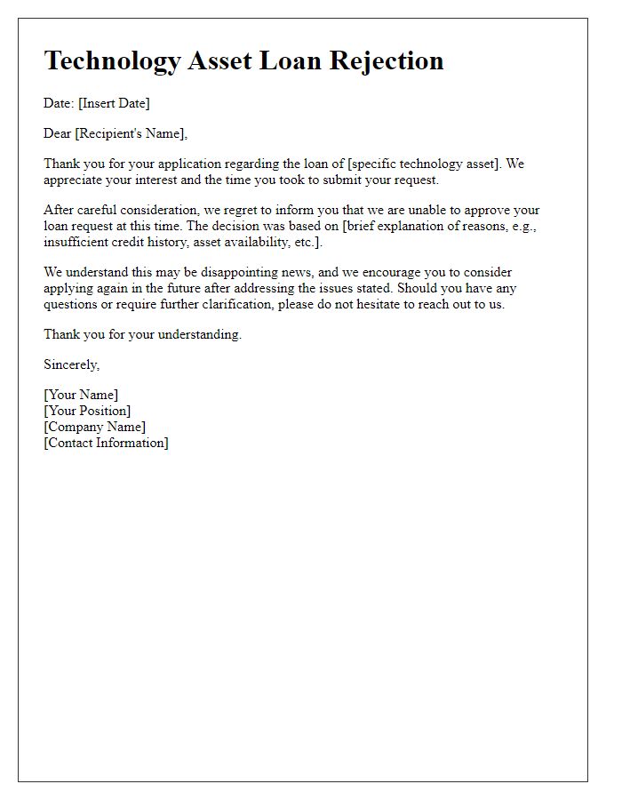 Letter template of technology asset loan rejection explanation.