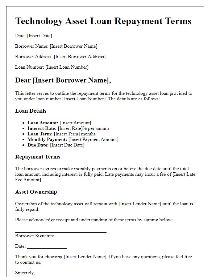 Letter template of technology asset loan repayment terms.