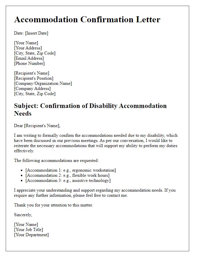 Letter template of confirmation for disability accommodation needs