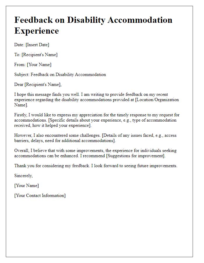 Letter template of feedback on disability accommodation experience