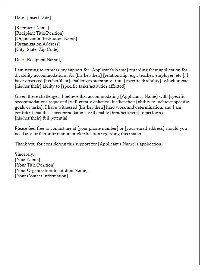 Letter template of support for disability accommodation application