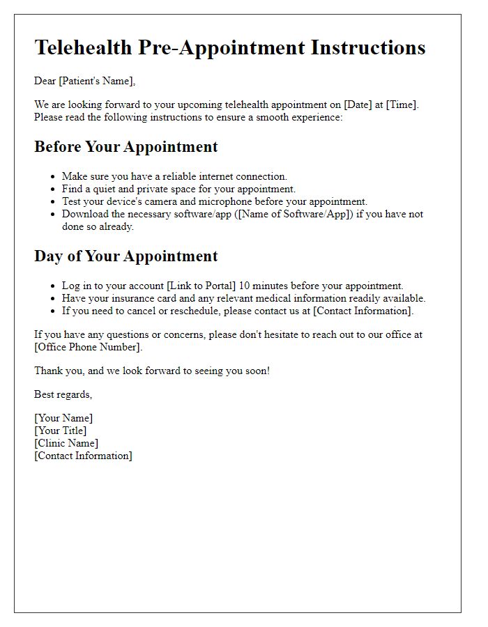 Letter template of telehealth pre-appointment instructions