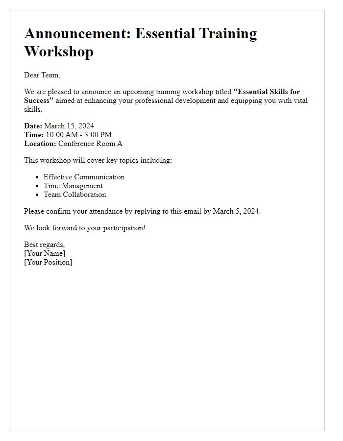 Letter template of announcement for essential training workshop