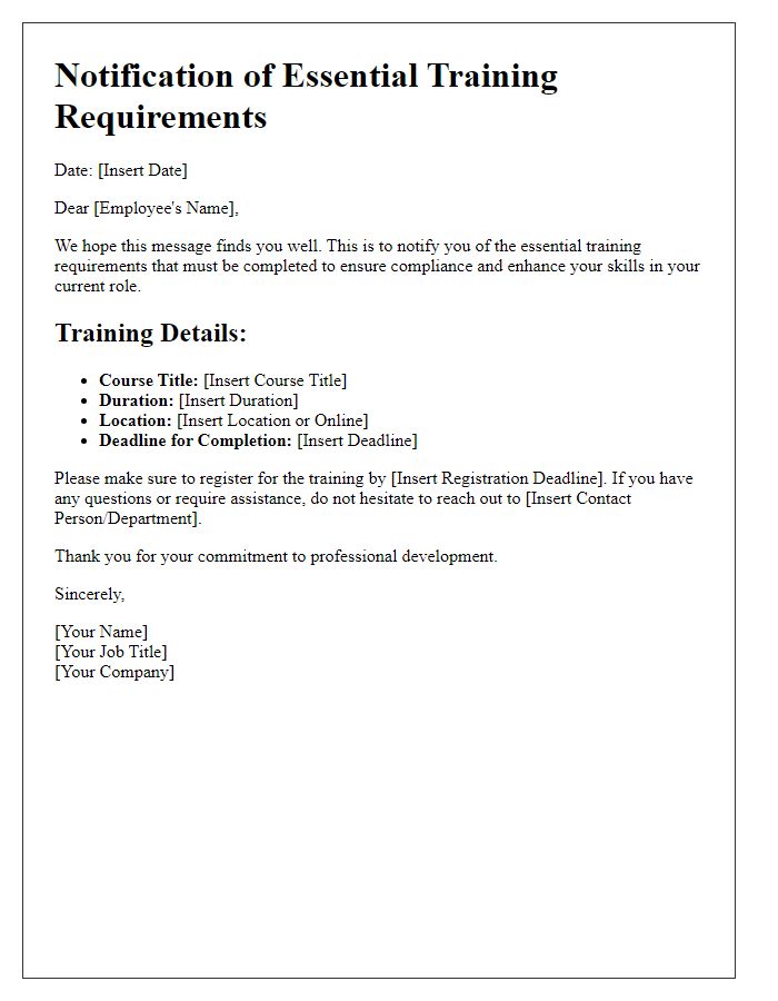 Letter template of notification for essential training requirements