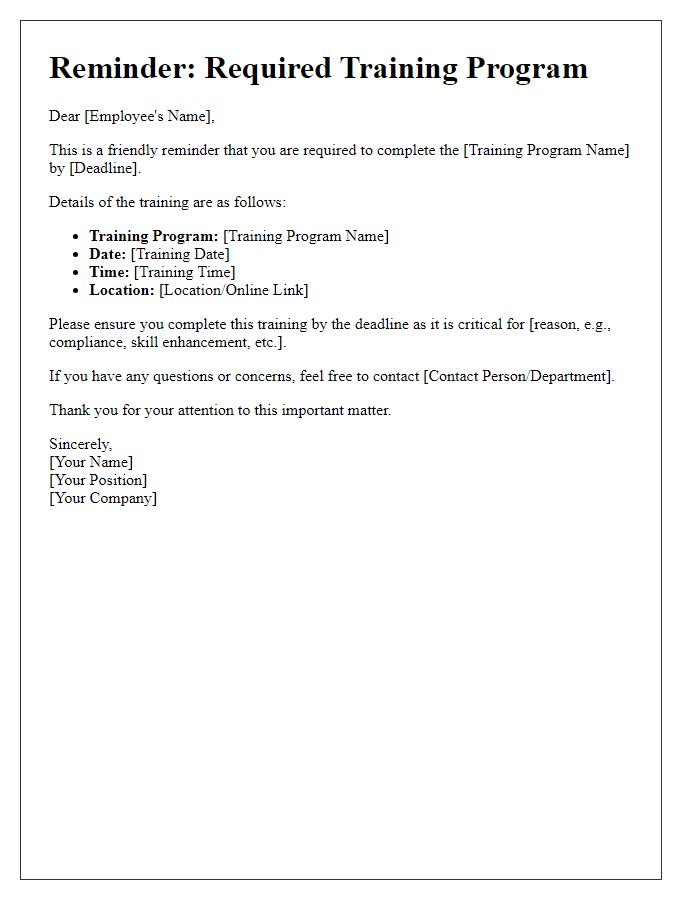 Letter template of reminder for required training program