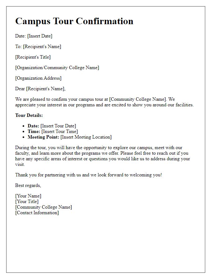 Letter template of campus tour confirmation for community college partners