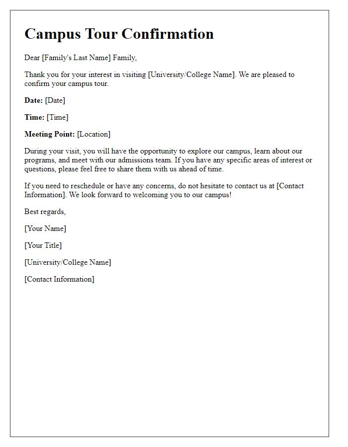 Letter template of campus tour confirmation for families