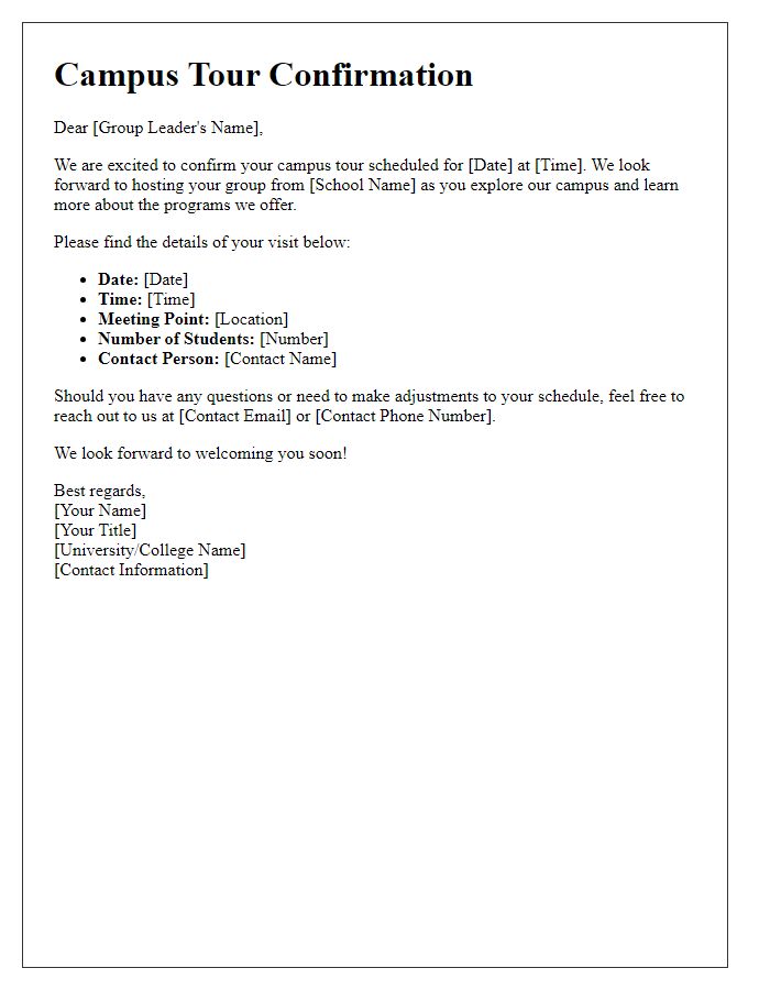 Letter template of campus tour confirmation for high school groups