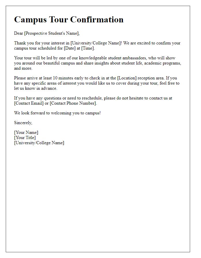 Letter template of campus tour confirmation for prospective students