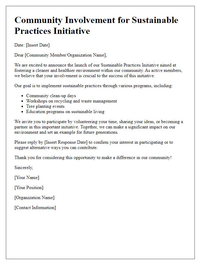 Letter template of community involvement for sustainable practices initiative