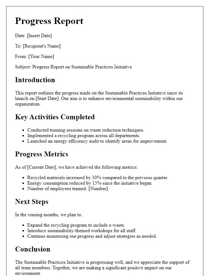 Letter template of progress report for sustainable practices initiative