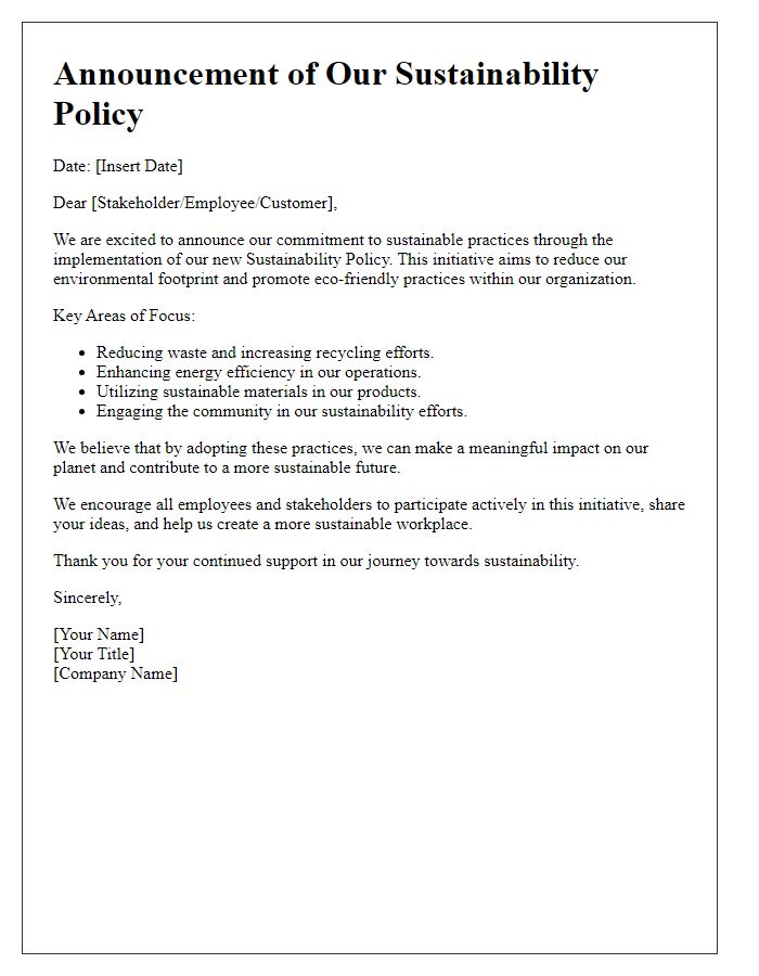 Letter template of sustainability policy announcement for sustainable practices initiative