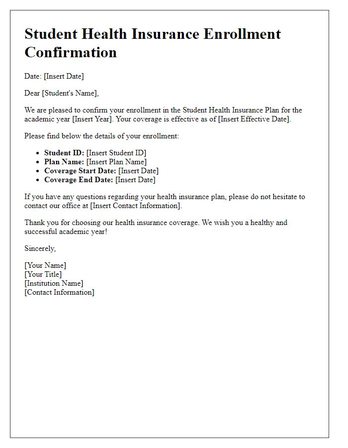 Letter template of confirmation for student health insurance enrollment