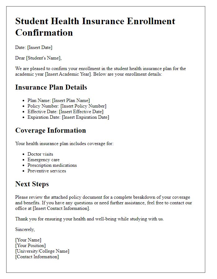 Letter template of student health insurance enrollment details