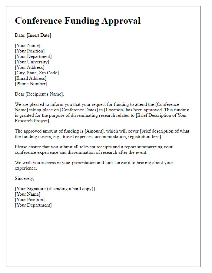 Letter template of conference funding approval for research dissemination