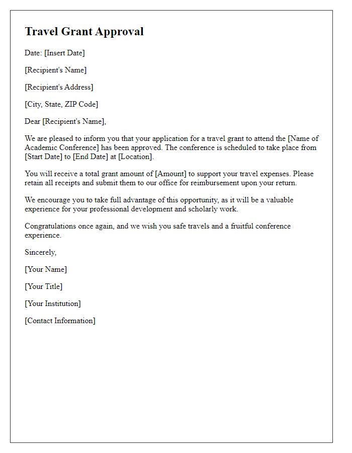 Letter template of travel grant approval for academic conference participation