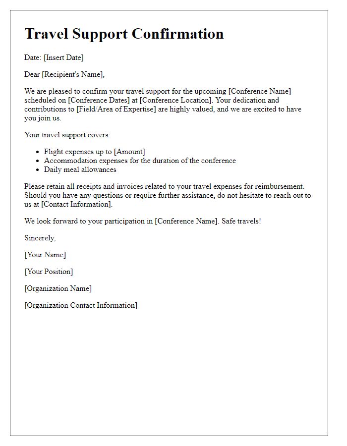 Letter template of travel support confirmation for professional conference