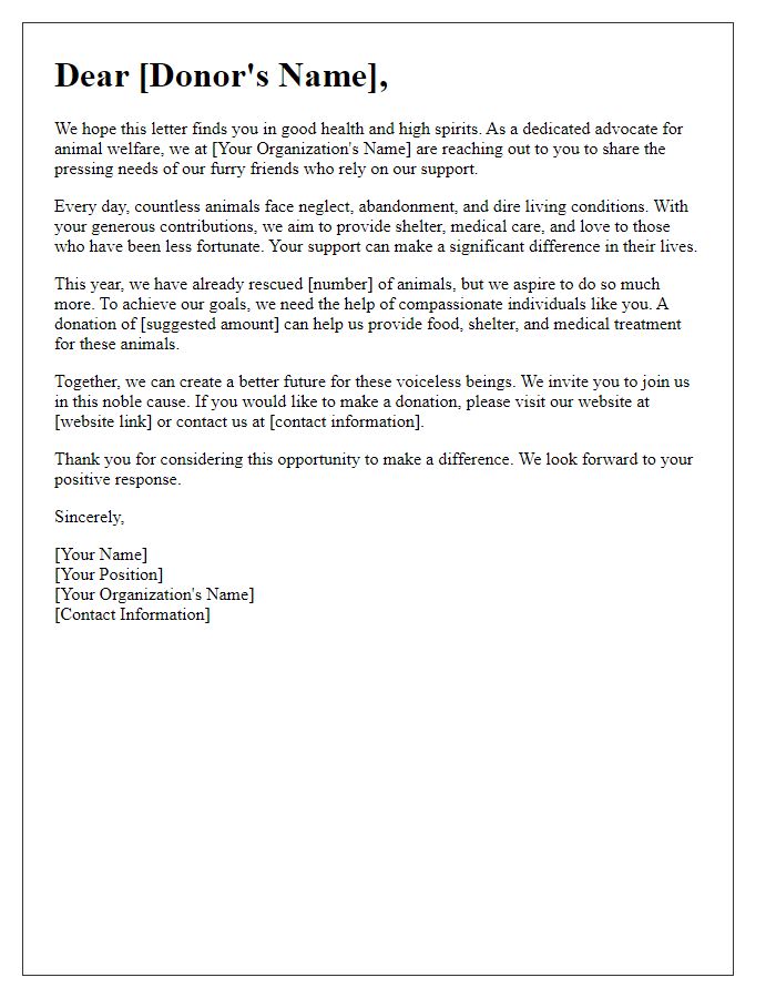 Letter template of outreach letter for animal welfare donations