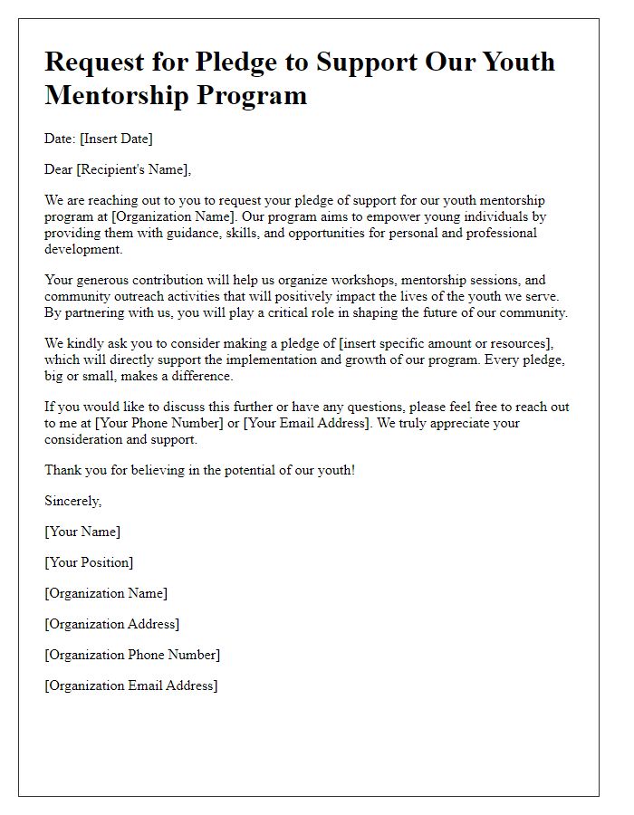 Letter template of pledge request for youth mentorship programs