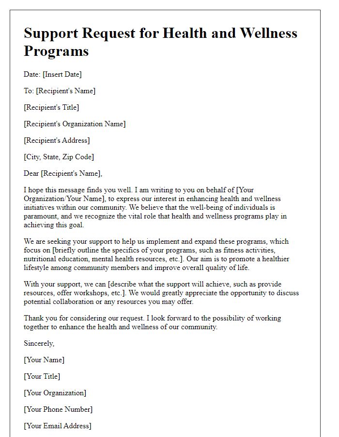 Letter template of support request for health and wellness programs