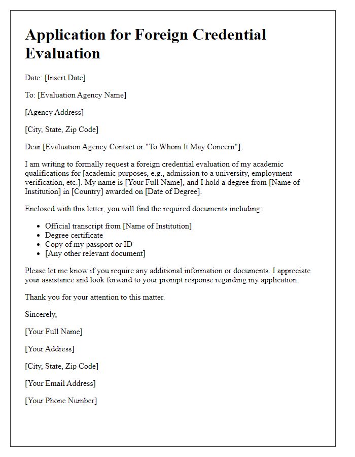 Letter template of application for foreign credential evaluation for academic purposes.