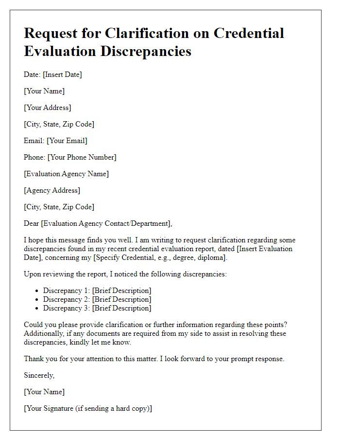 Letter template of clarification request for foreign credential evaluation discrepancies.